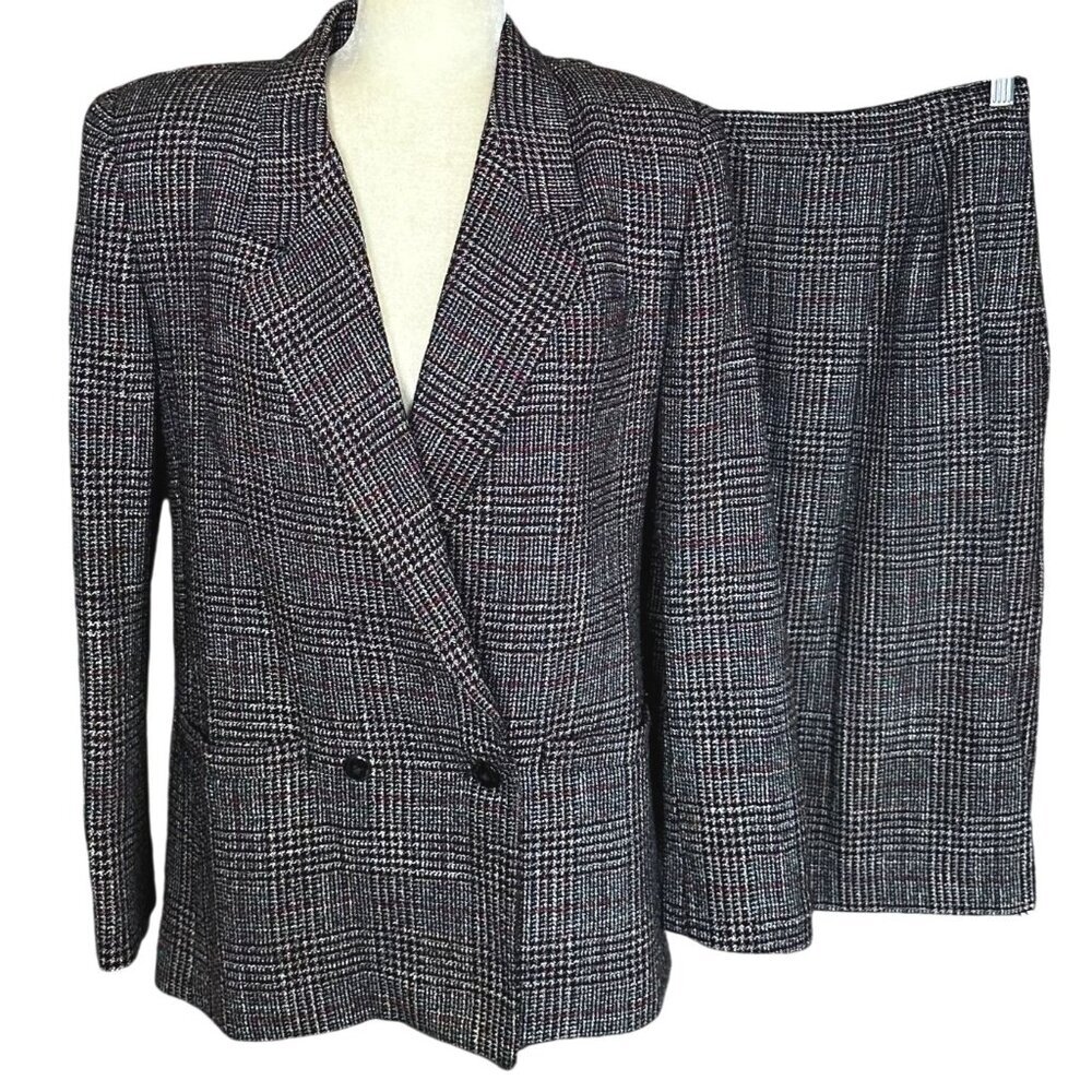 Vintage En Avance Skirt Suit Set 11/12 Tweed Glen Plaid Double Breast Blazer 80s